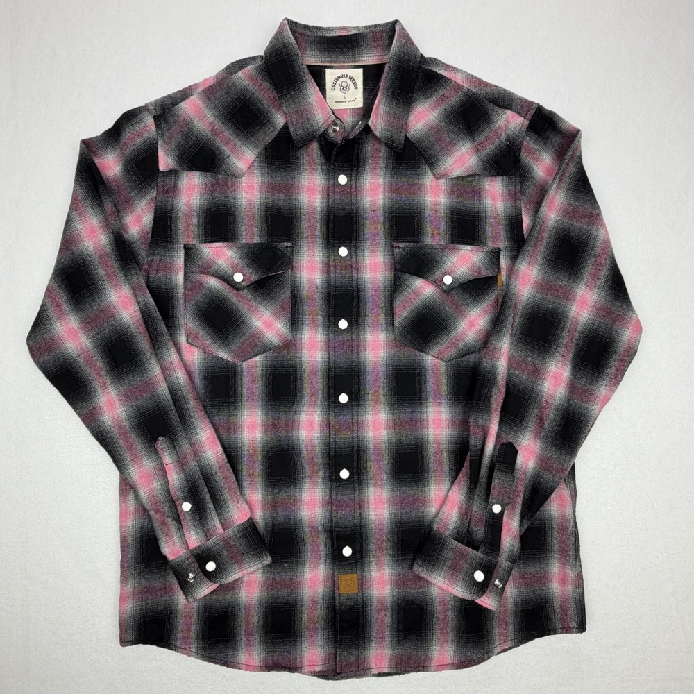 Dubinik Mens Western Flannel Shirt Pink Black Plaid Snap Button Size Large